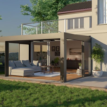 Terrassendach mit Ganzglasschiebeanlagen Marke Wipro