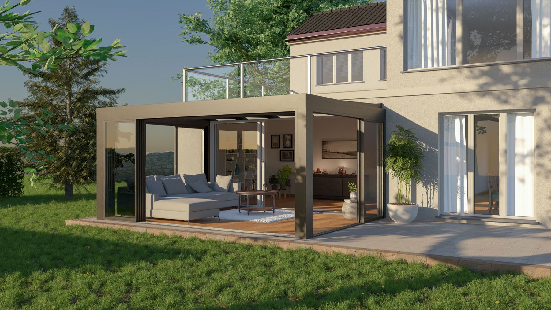 Terrassendach mit Ganzglasschiebeanlagen Marke Wipro